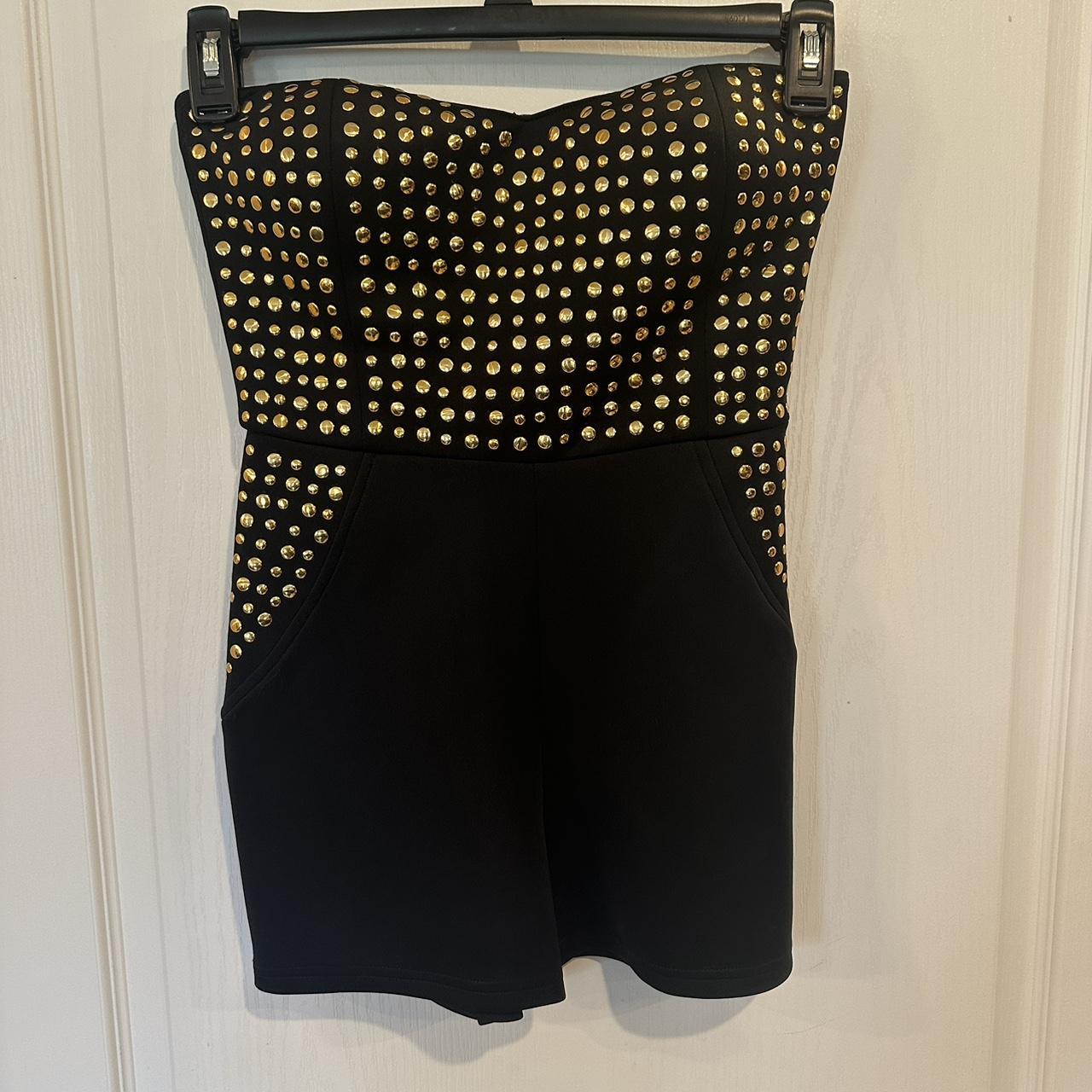 2B bebe women’s black gold studded strapless romper... - Depop