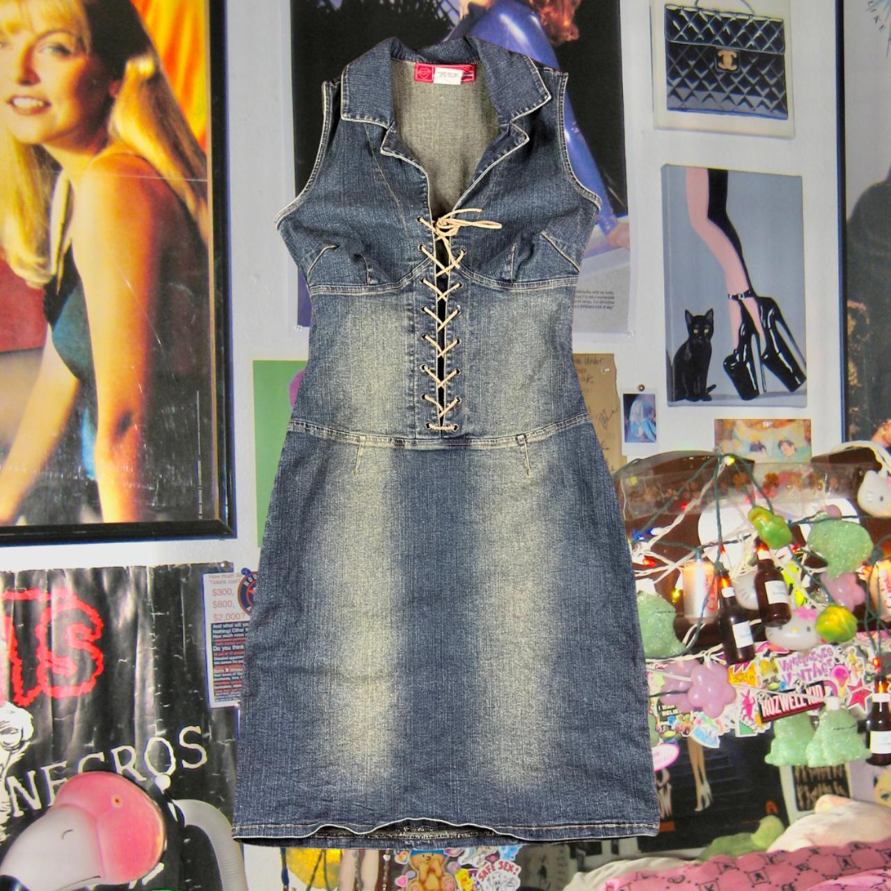 Y2K Lace Up Denim Dress Brand hot kiss Marked