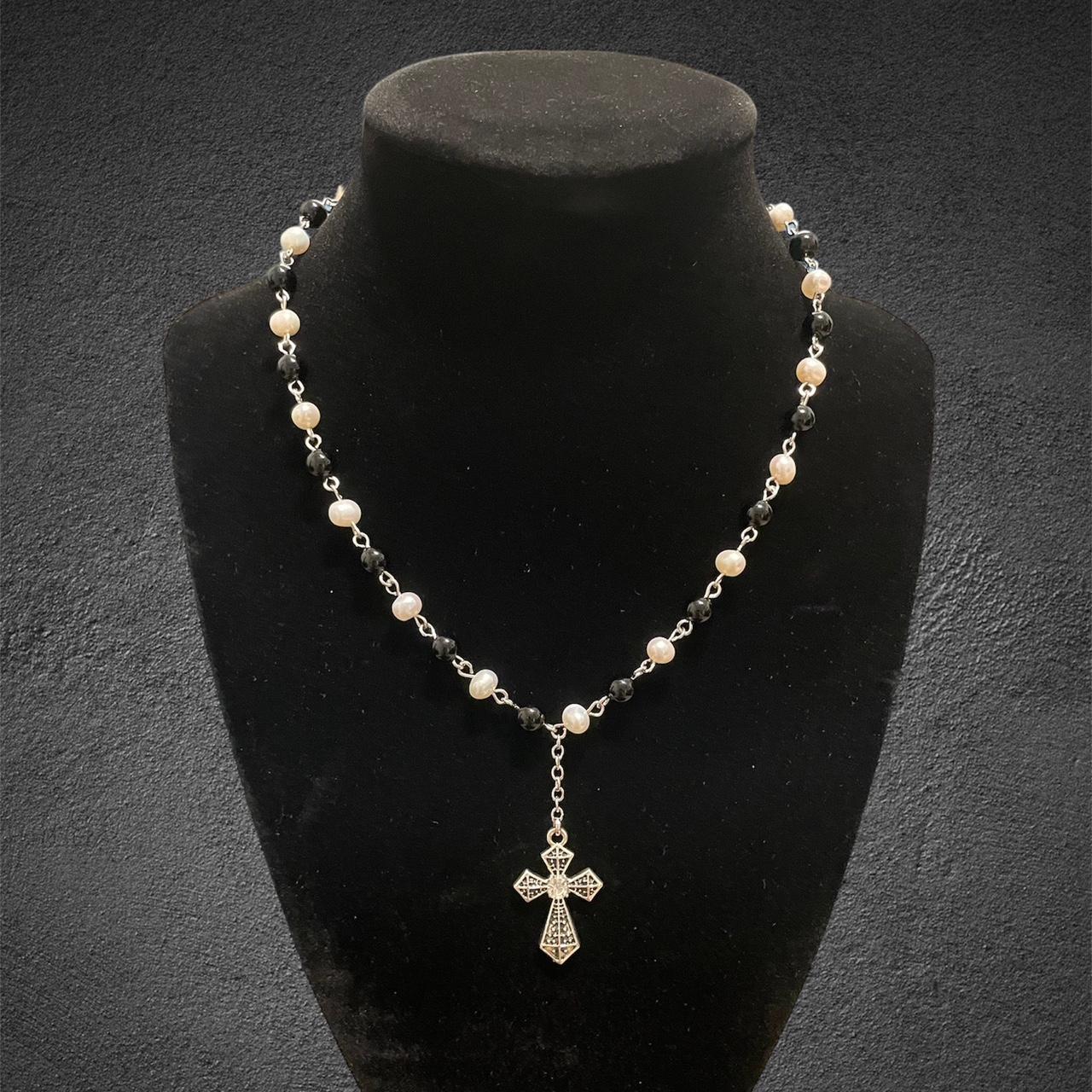 Goth white pearl and black bead cross necklace! The... - Depop