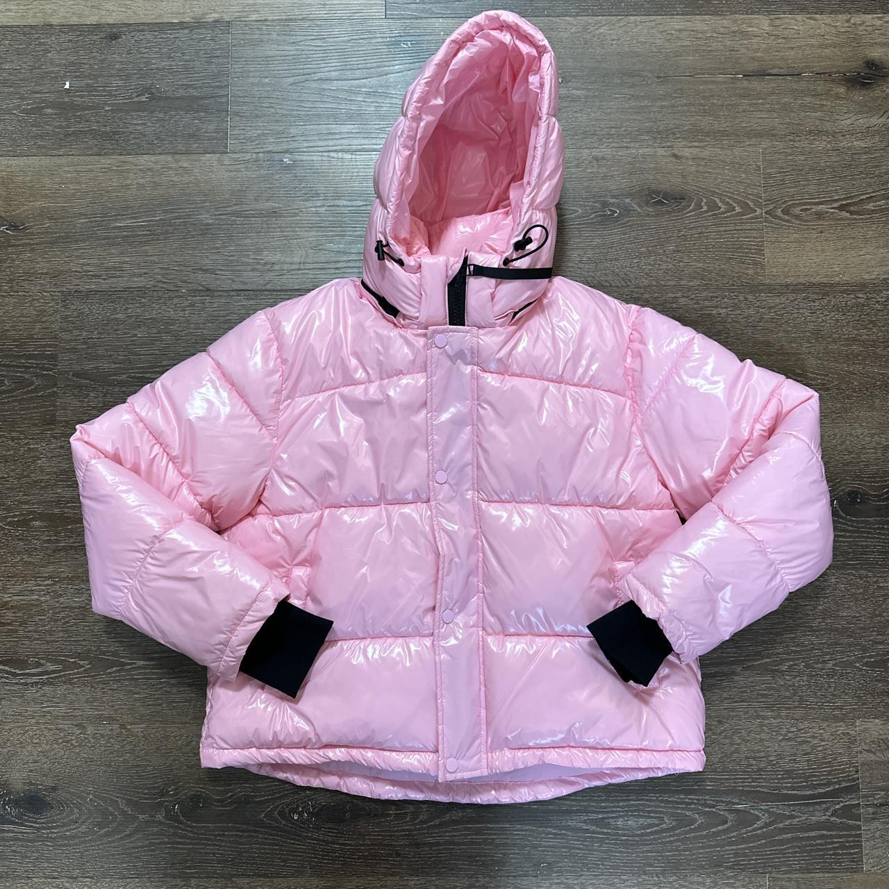 Pastel Pink Shiny Puffer Coat SZ LG, excellent... - Depop