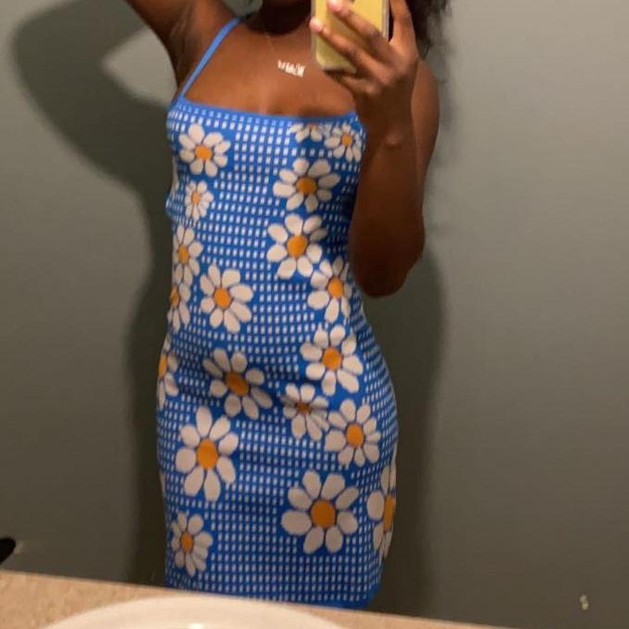 Cider Women's Blue and Yellow Dress Depop