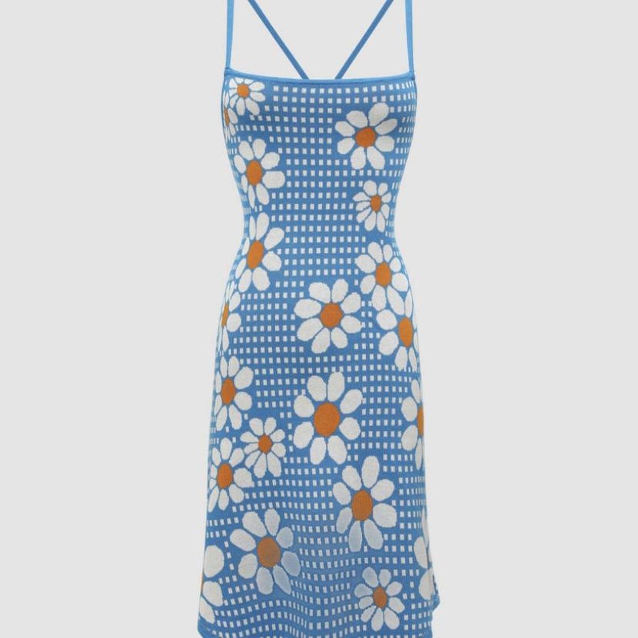 Cider Women's Blue and Yellow Dress Depop