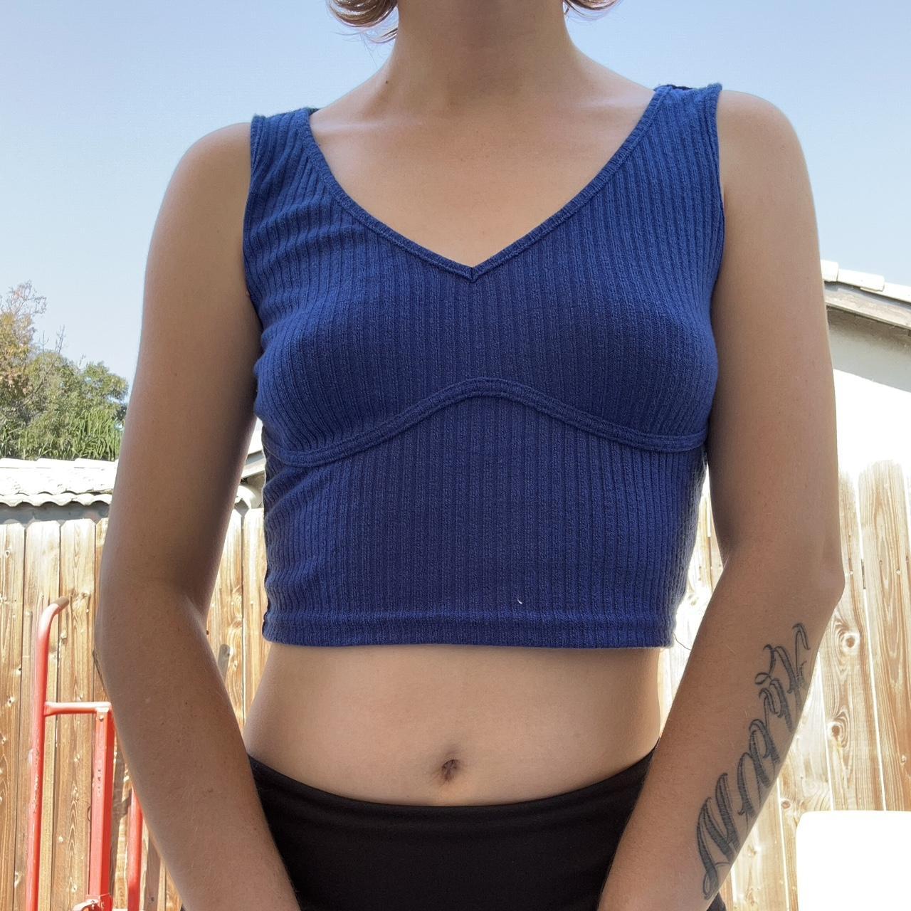 Navy blue v neck crop top soft material size Med-Sm... - Depop