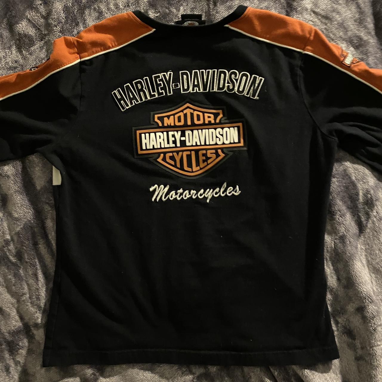 the coolest black and orange embroidered harley... - Depop