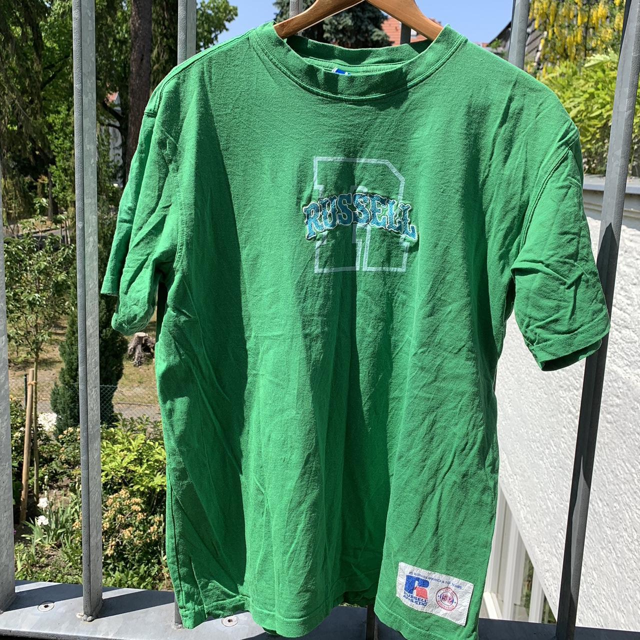 Russell Athletic Men's Blue and Green T-shirt | Depop
