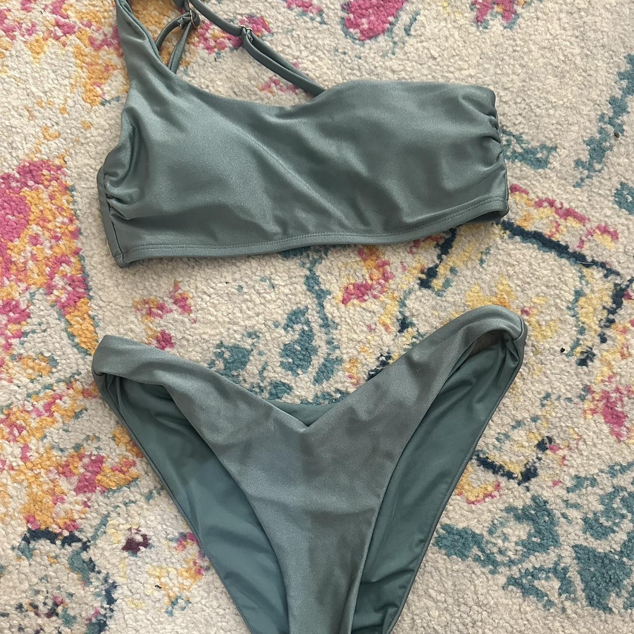 Green shimmery dollars a one shoulder bikini size XS... Depop
