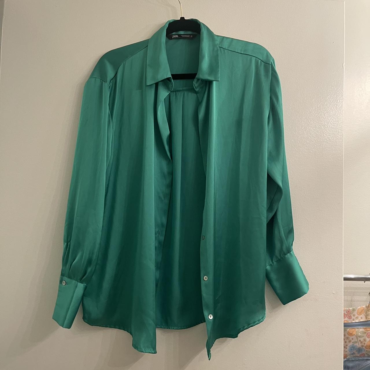 Green satin zara button down blouse - Depop