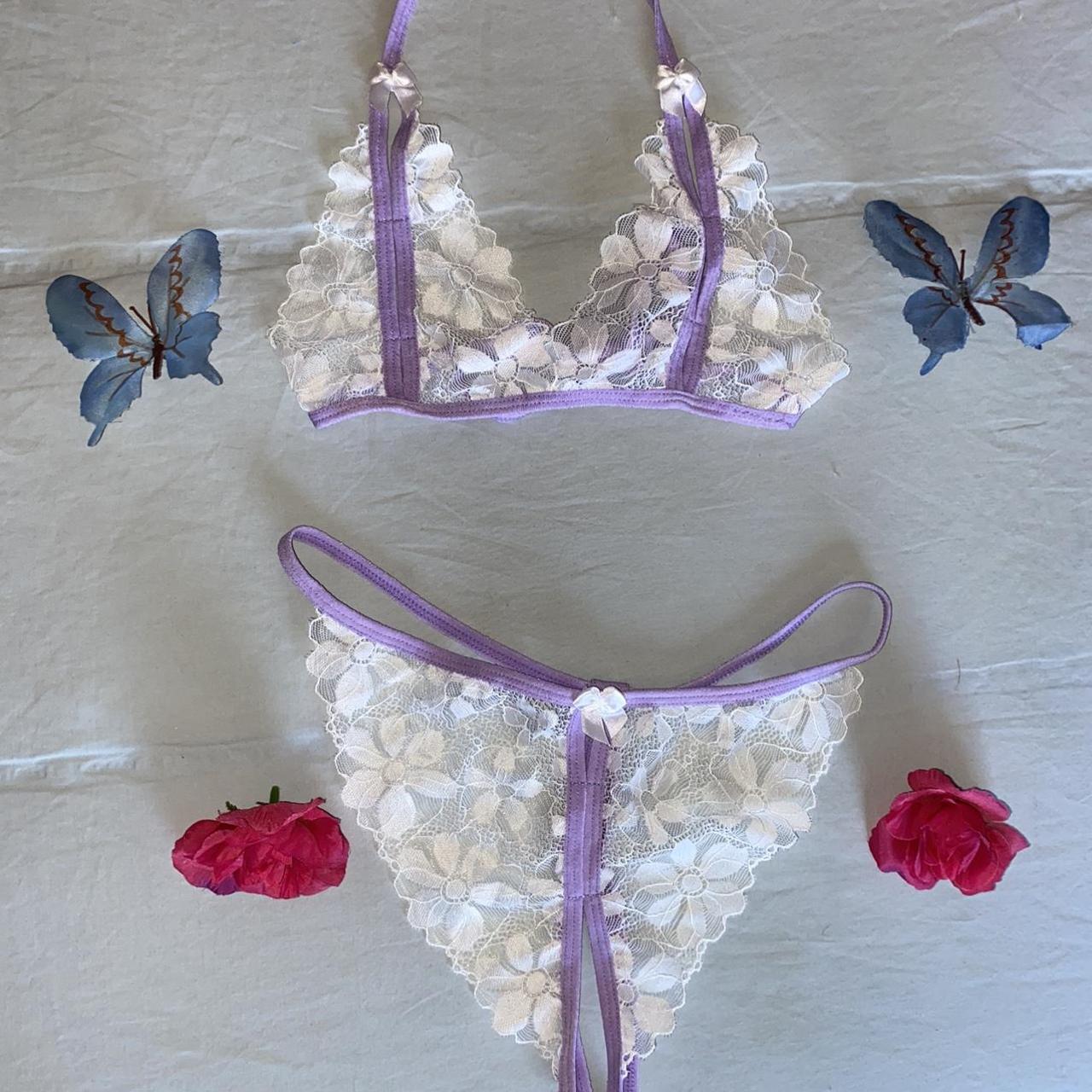 Dainty matching lingerie set NEVER WORN Lace white... - Depop