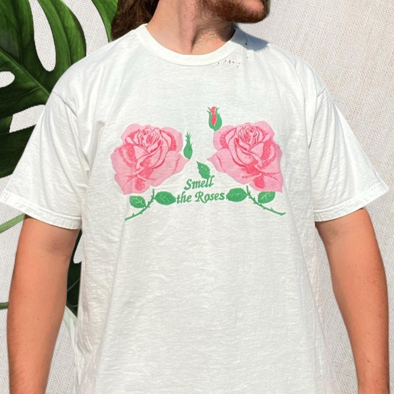 90s SMELL THE ROSES FLOWER T SHIRT. In a mens size... - Depop