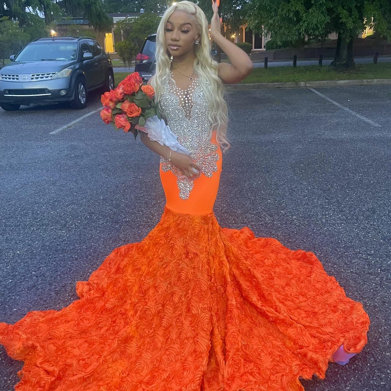 Orange and silver cheap prom dresses