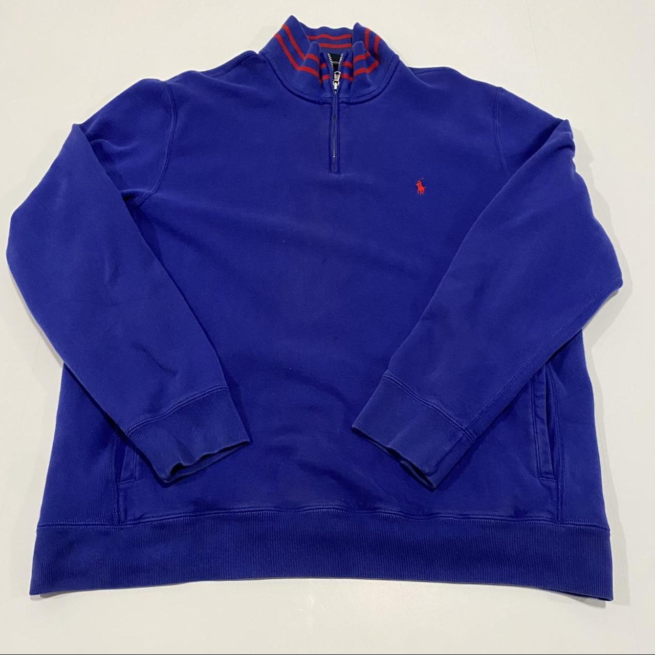 Polo quarter zip A Few Tiny Stains Size L Blue and Red - Depop