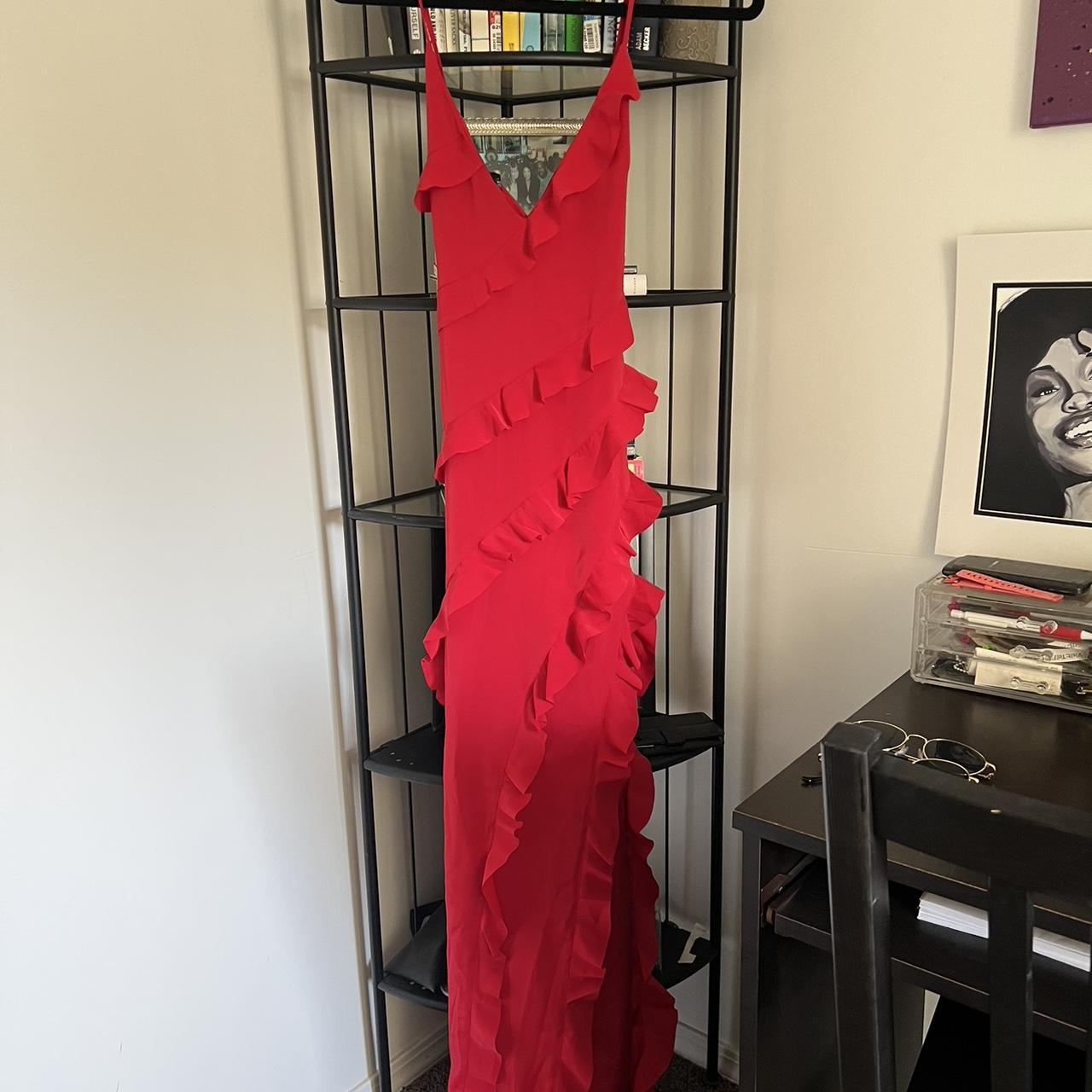 Run The World | Red Plunge Neckline Ruffle Maxi Dress