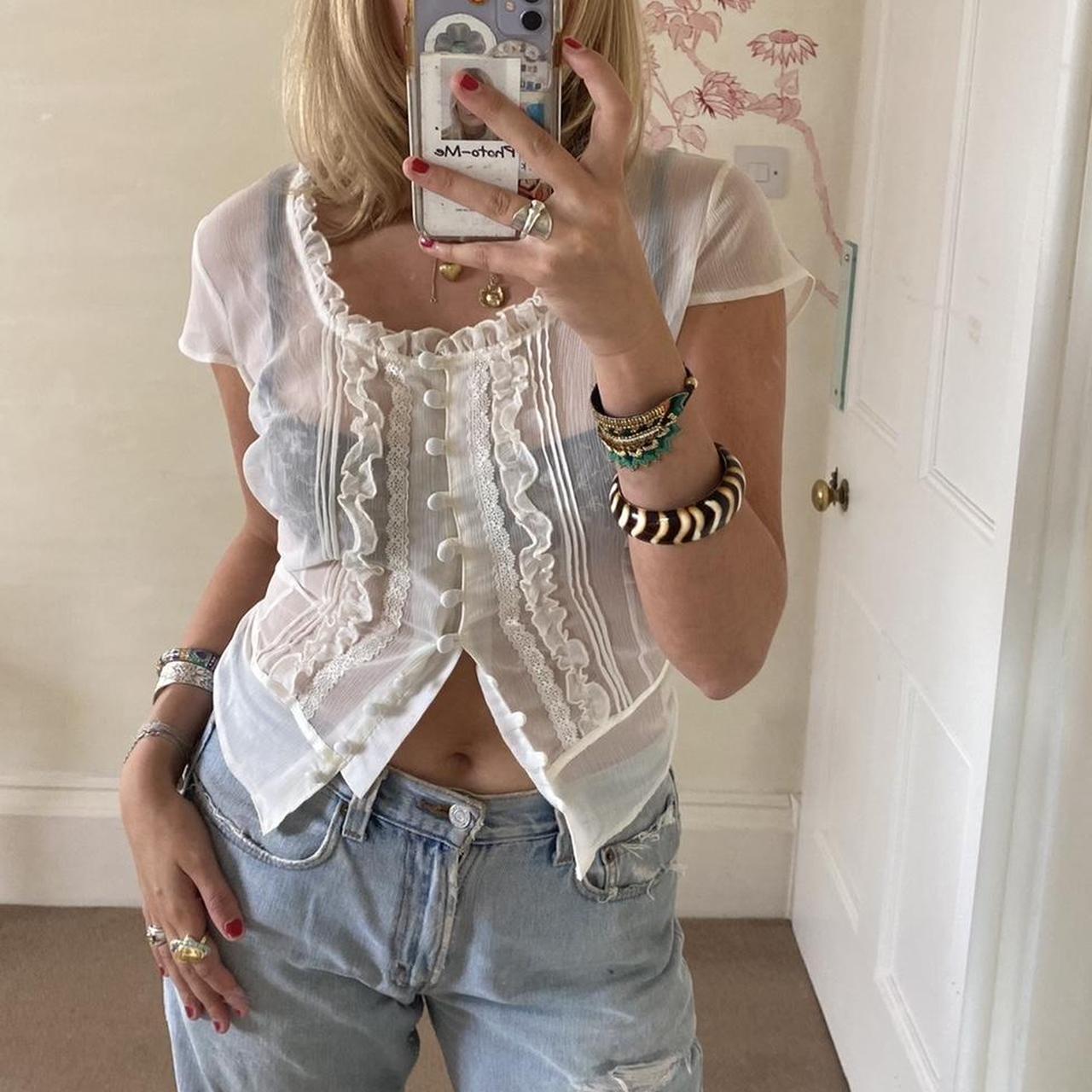 The prettiest white mesh ruffle top. Perfect vintage... - Depop