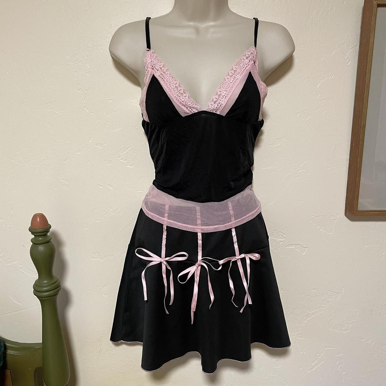 Y2K Black and Pink Tank Top and Ribbon Skirt Tag on... - Depop