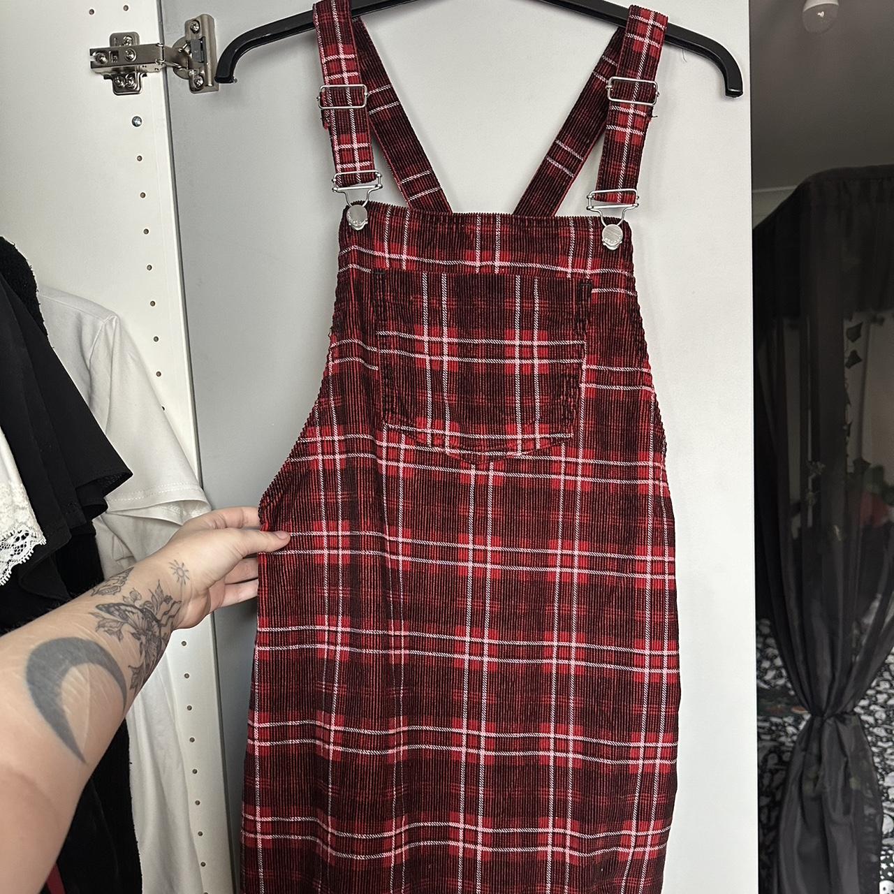 Red and white plaid overall pinafore dress with. Depop