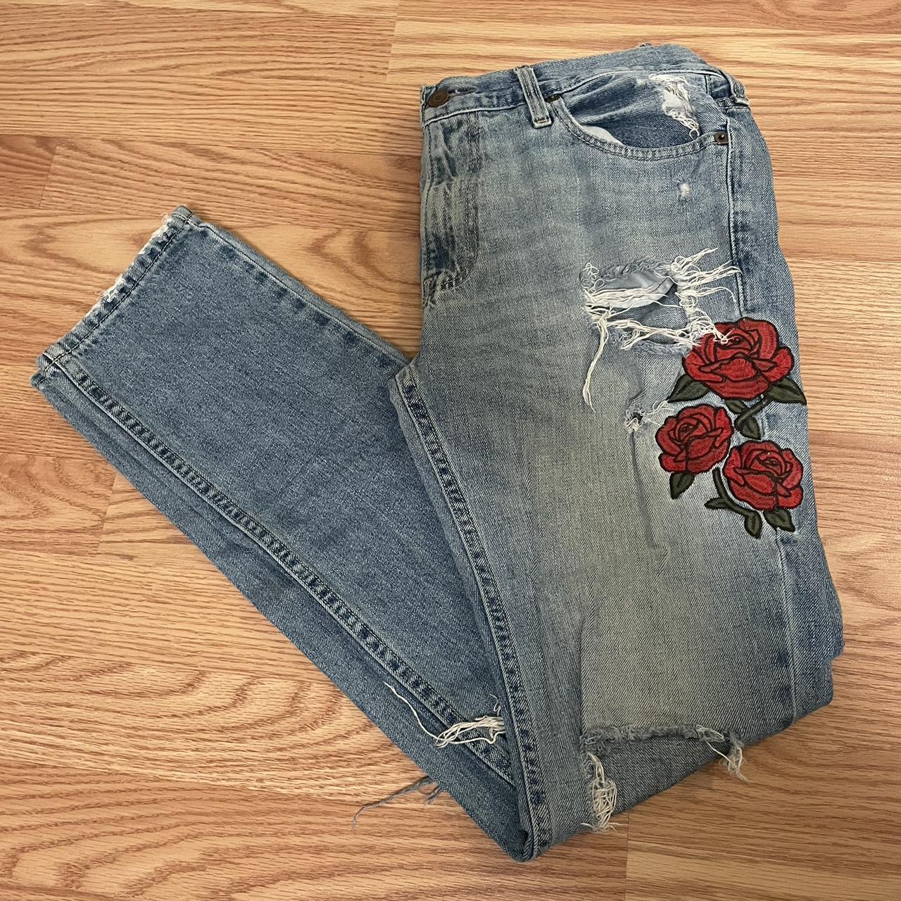 Slim Fit Embroidered Rose Jeans 32x34... - Depop