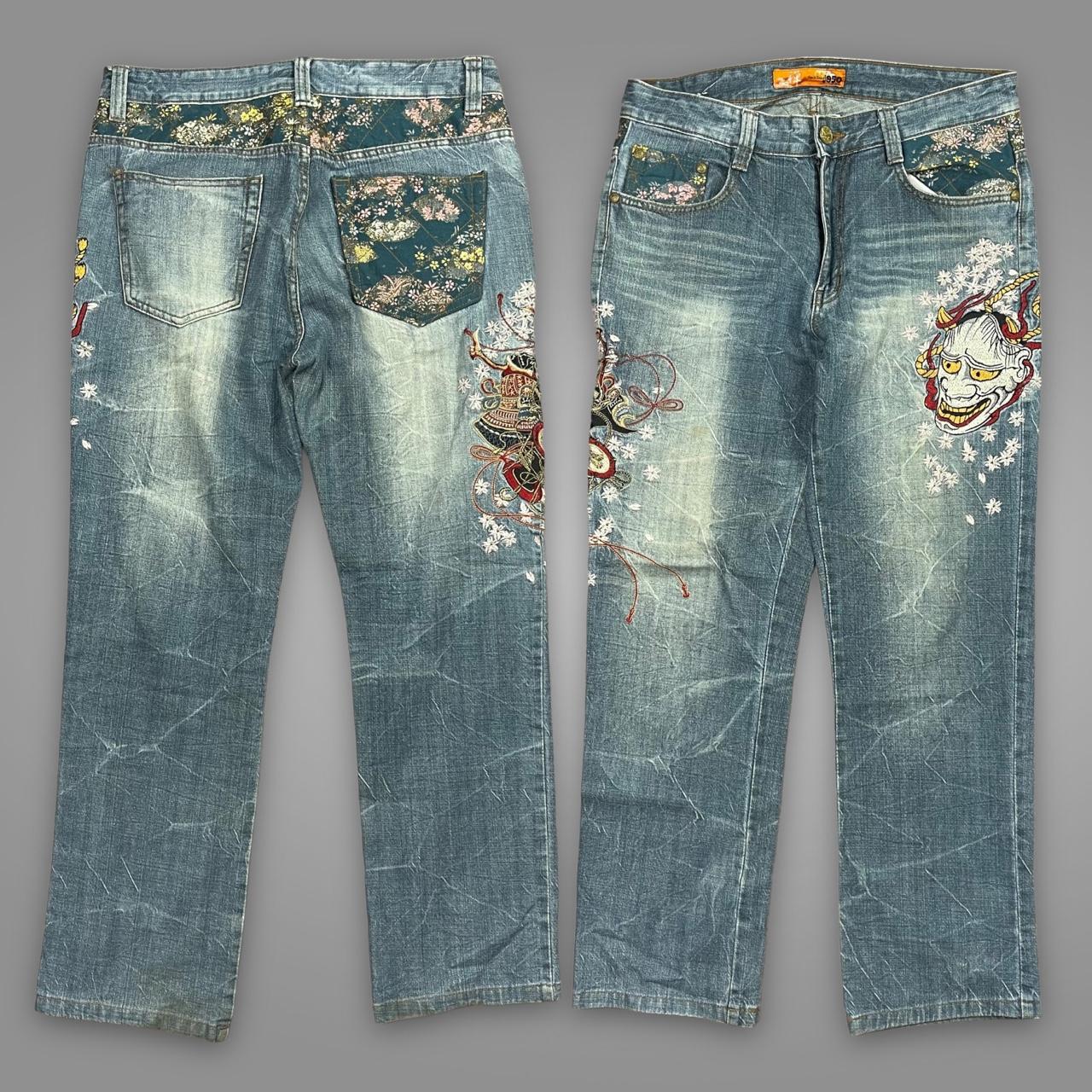 J950 Embroidered Japanese Denim Jeans Waist:... - Depop