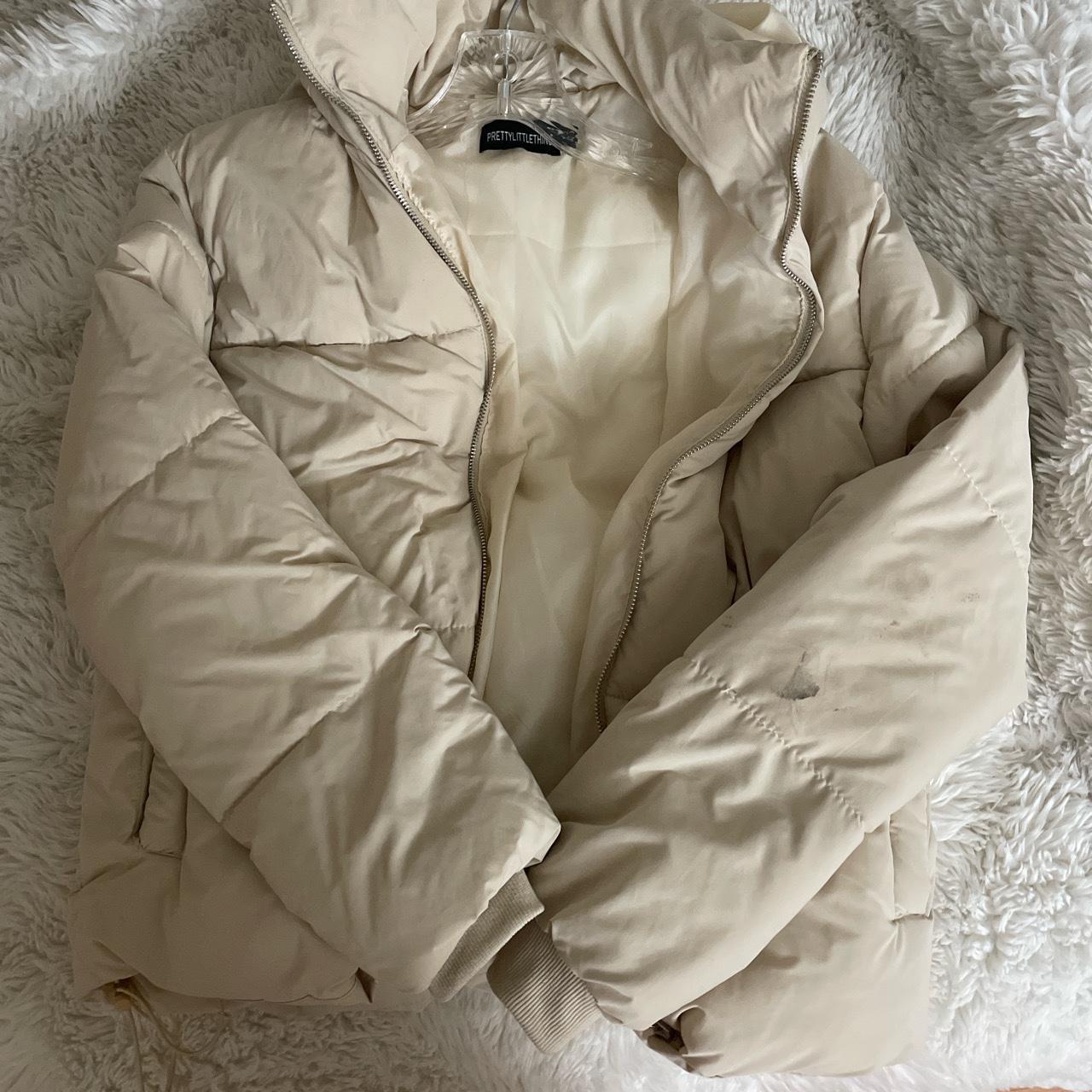 Pretty Little Thing puffer jacket in a beige small.... - Depop