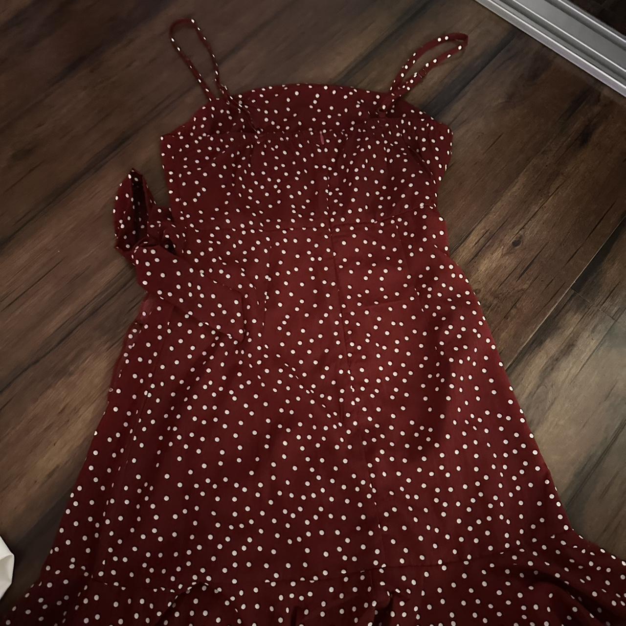 PRINCESS POLLY burgundy polka dot wrap dress - Depop