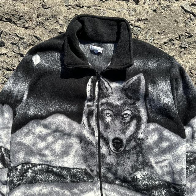 Vintage Wolf Animal All Over Print Fleece... - Depop