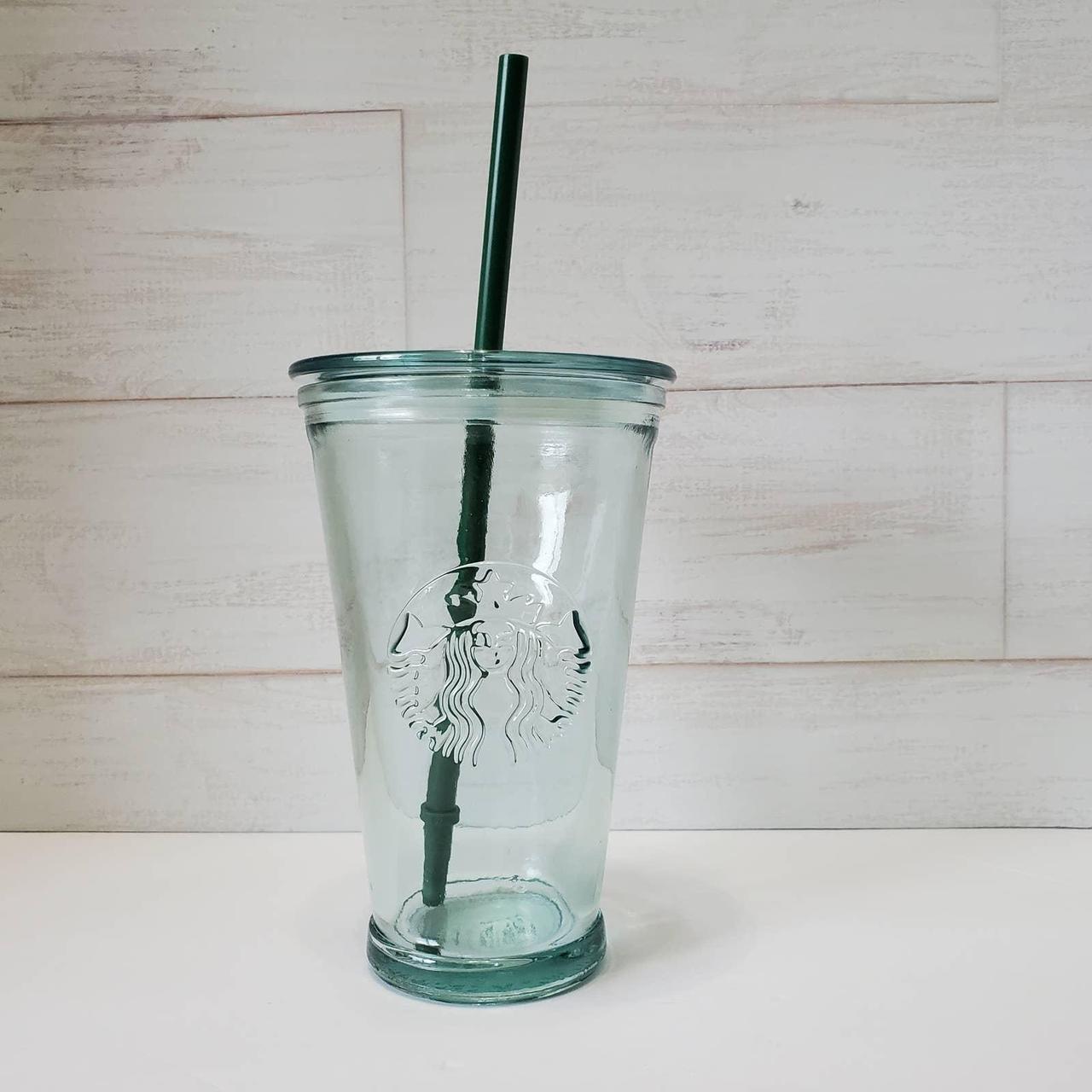 STARBUCKS Recycled Green Glass Tumbler Cup w/ Lid, Straw, 16 Oz