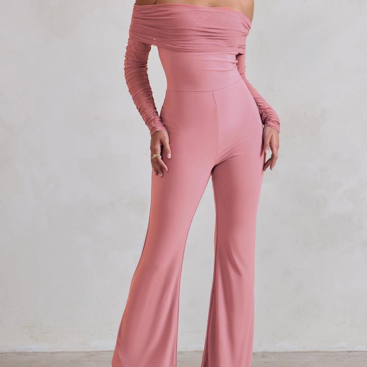 Pink Ruched Bardot Jumpsuit Club L London Powder Pink Ruched Mesh