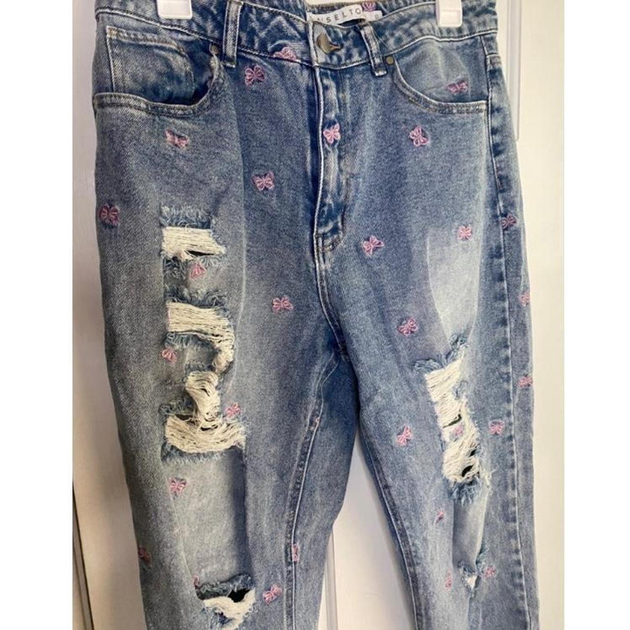 Tinseltown Purple Butterfly Embroidered Denim Jeans... Depop