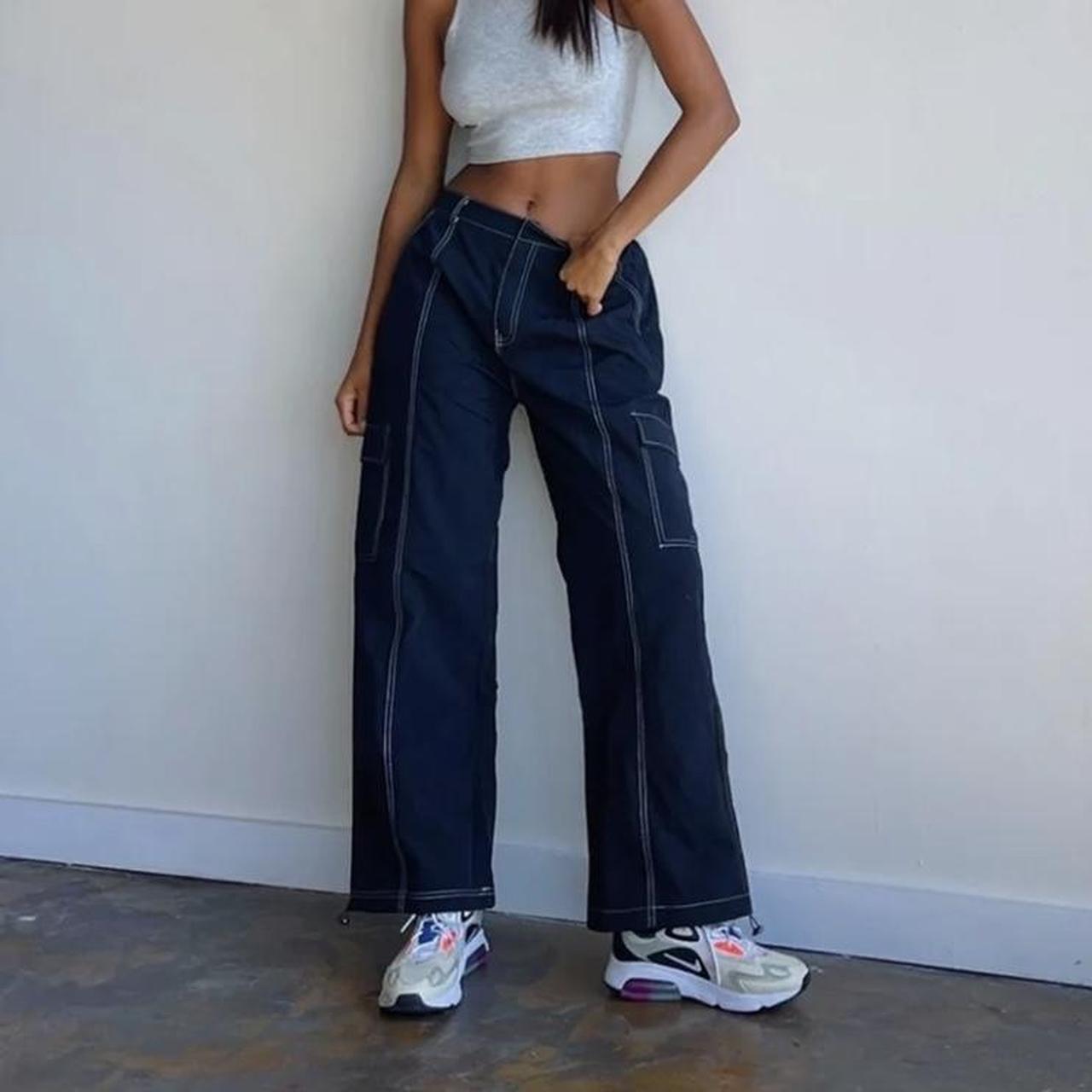 Black parachute pants with white stitching Great... - Depop