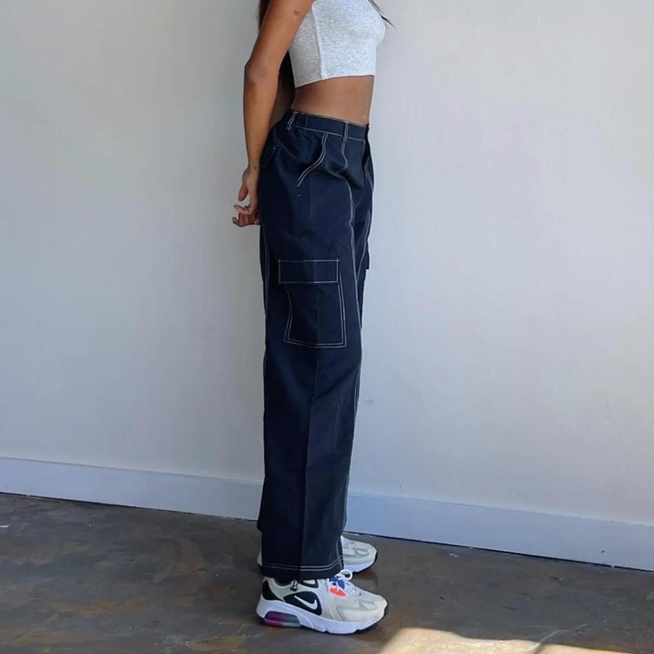 Black parachute pants with white stitching Great... - Depop