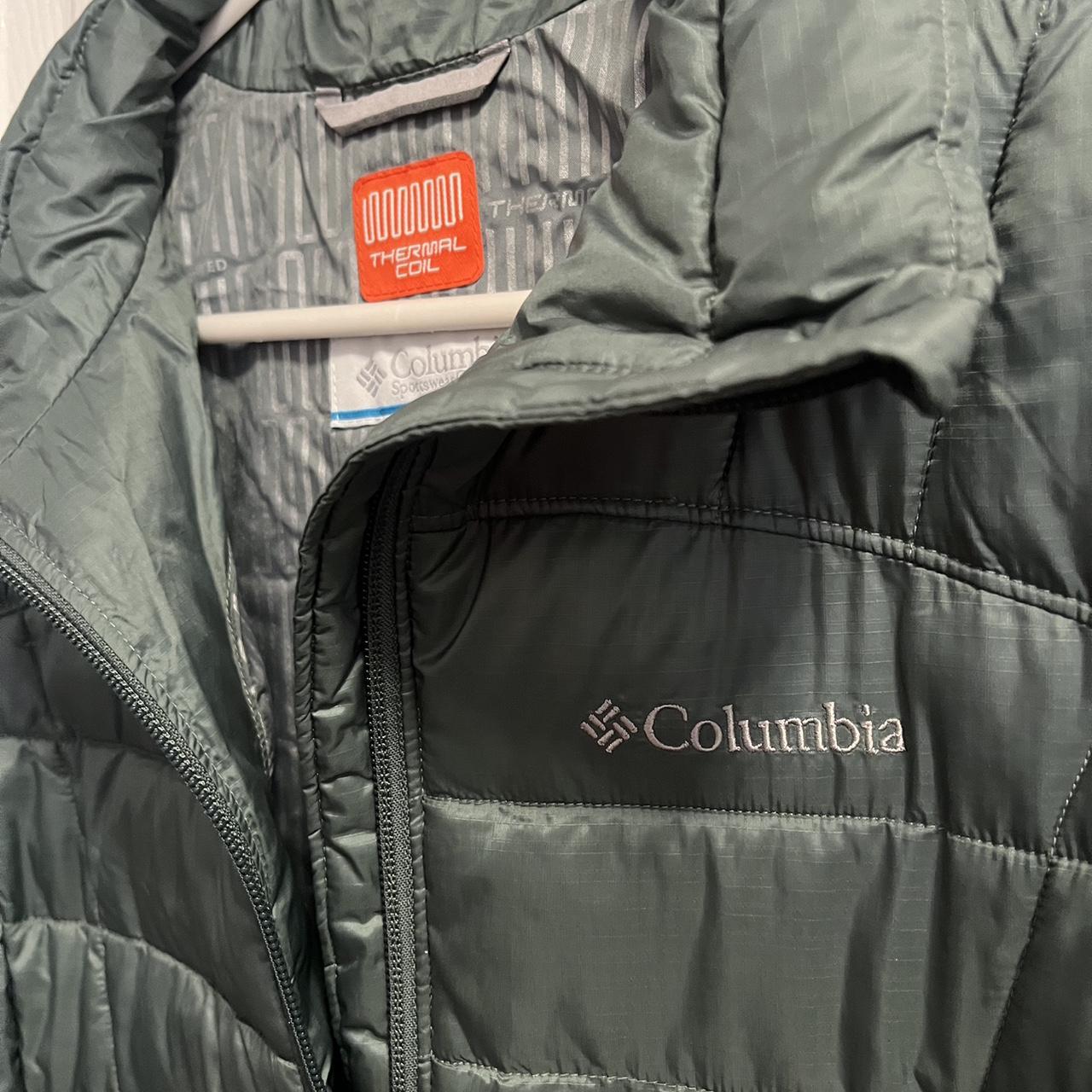 columbia puffer, olive green zip up with thermal... - Depop