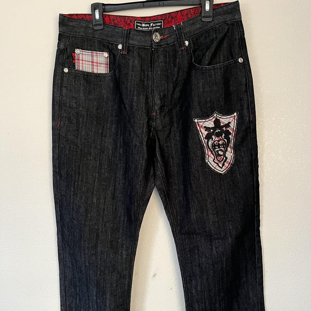 grunge embroidered baggy bare fox jeans -crazy hard... - Depop