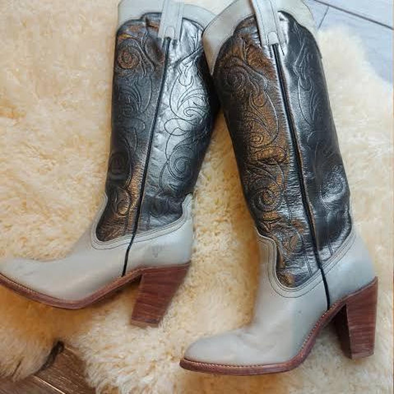 Vintage Frye cowboy cowgirl western boots silver cream Depop