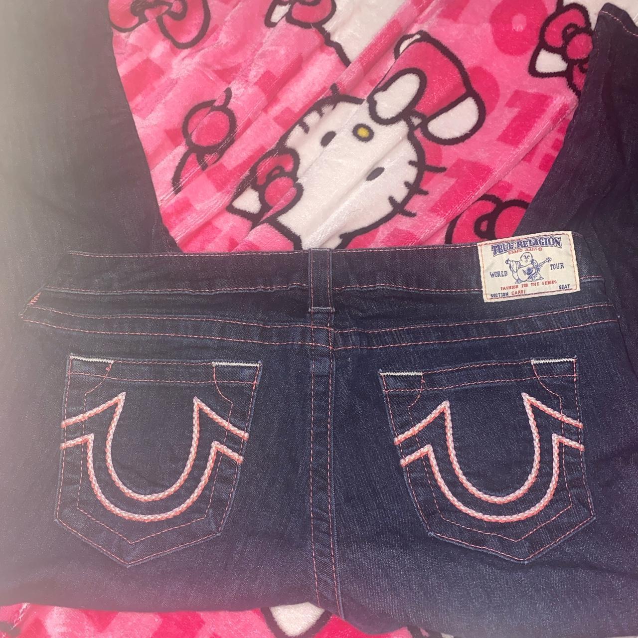 pink stitched true religion jeans worn a couple... - Depop