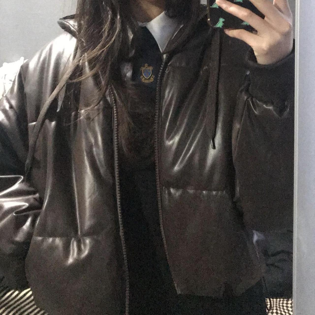 H&M brown leather puffer jacket, size small,