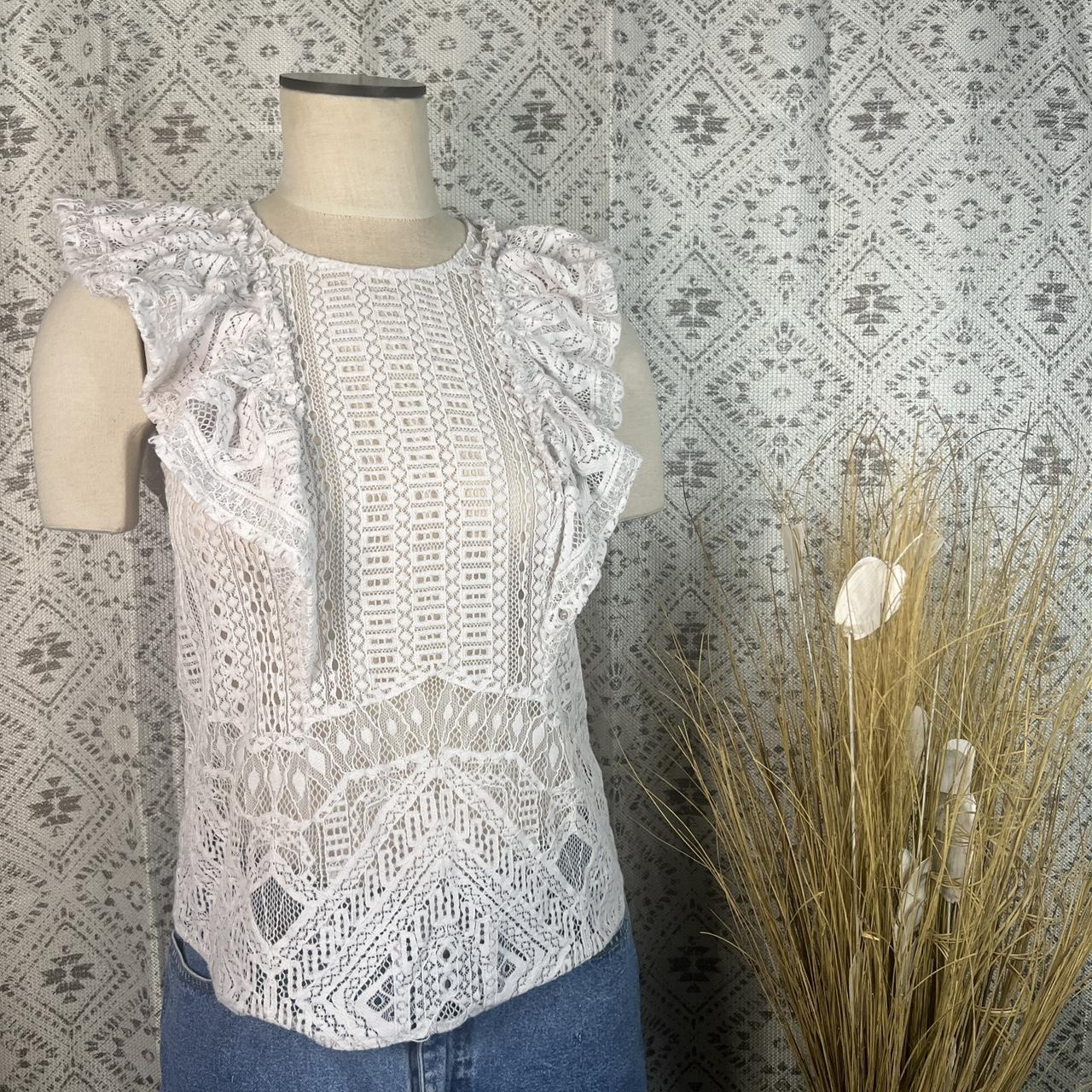 BCBGMAXAZRIA Off White Lace See Through Blouse Depop