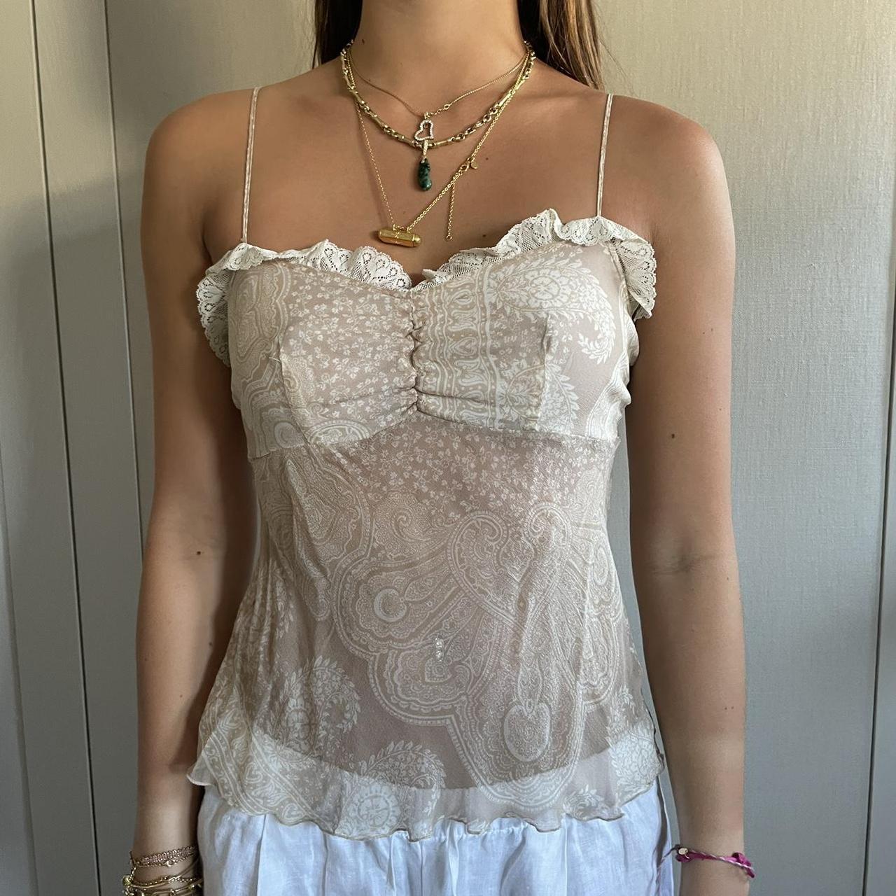 Sheer beige camisole top with paisley detailing and... - Depop