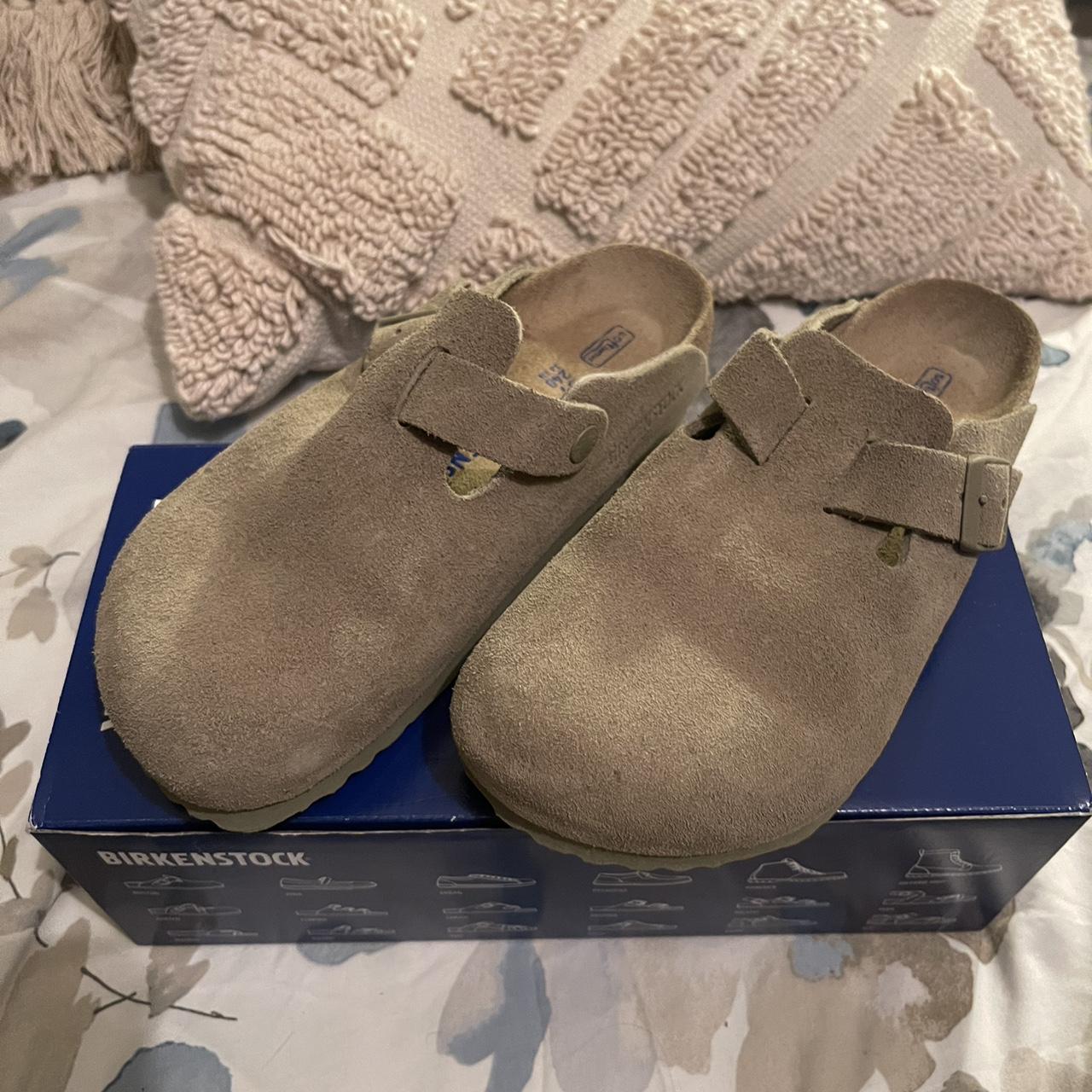 Birkenstock boston clogs khaki suede Size 37 / 4.5... - Depop