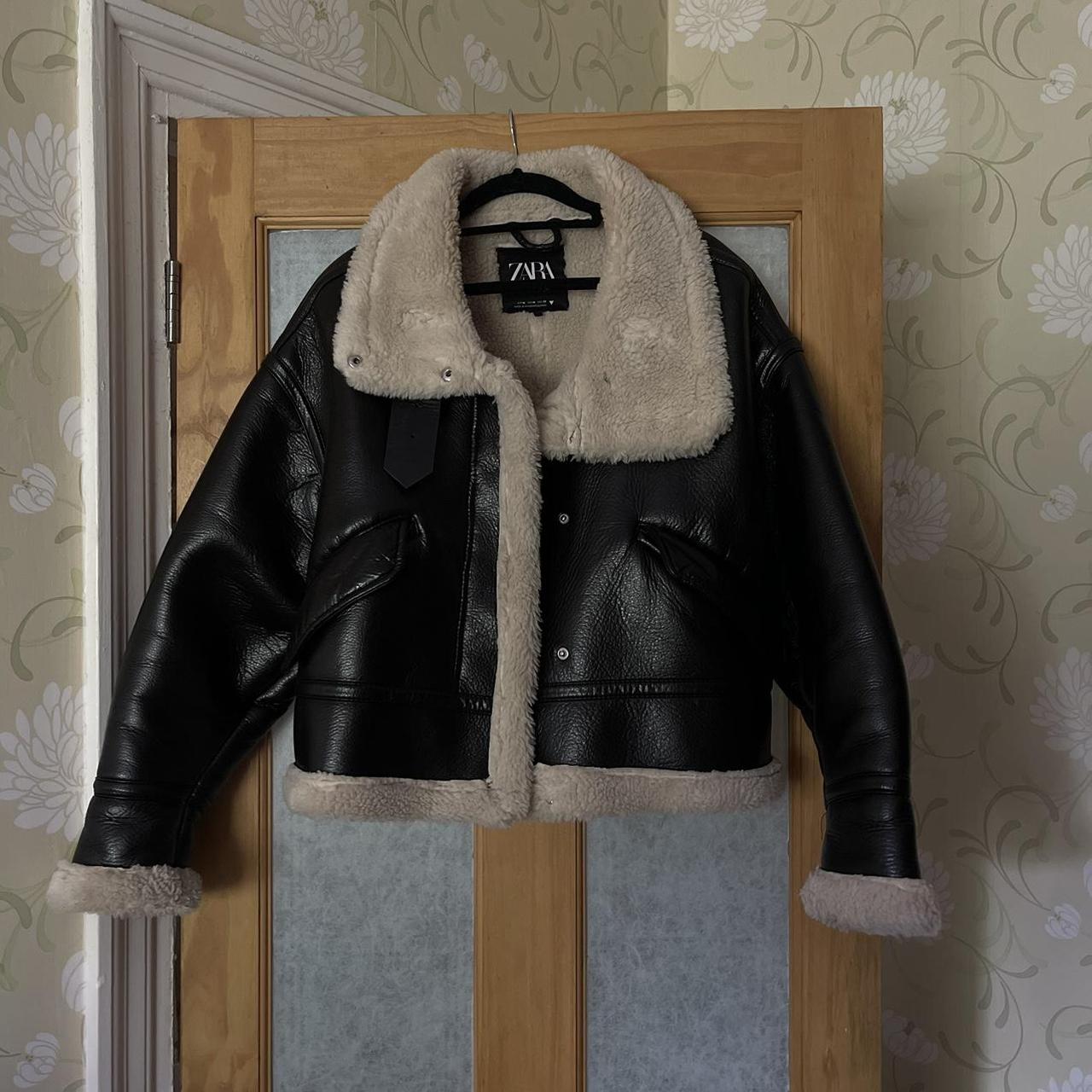 Zara black aviator leather coat with fur trim