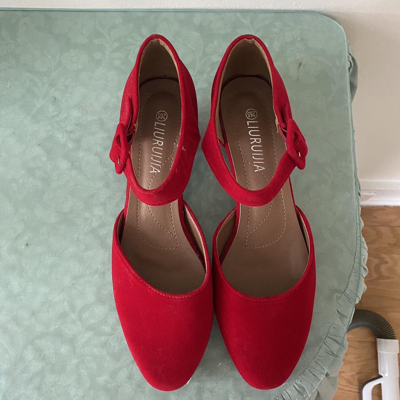 Red suede kitten heels (only worn once!) Great for a... - Depop