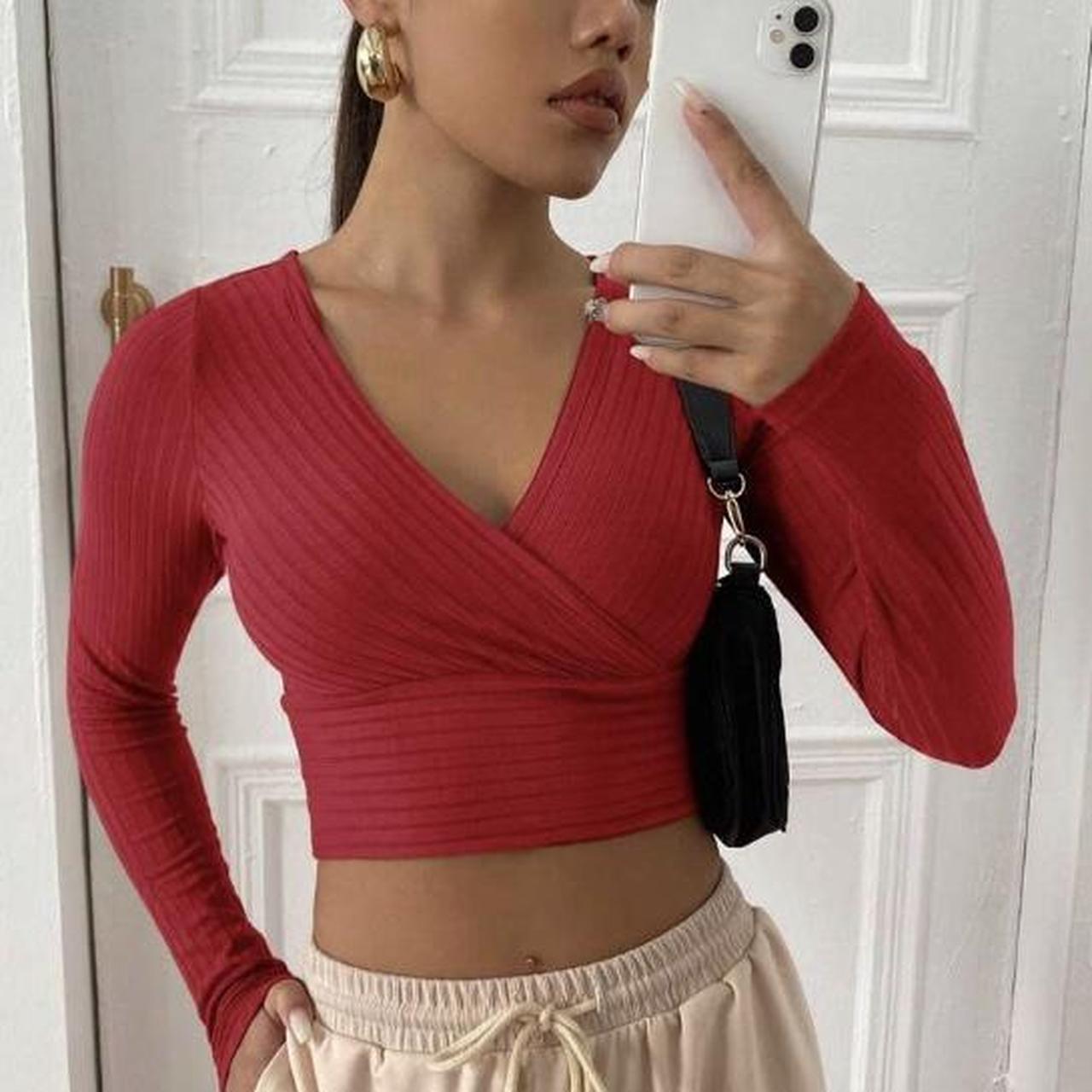 🌹red long sleeve crop top🌹 Ribbed crossover cropped - Depop