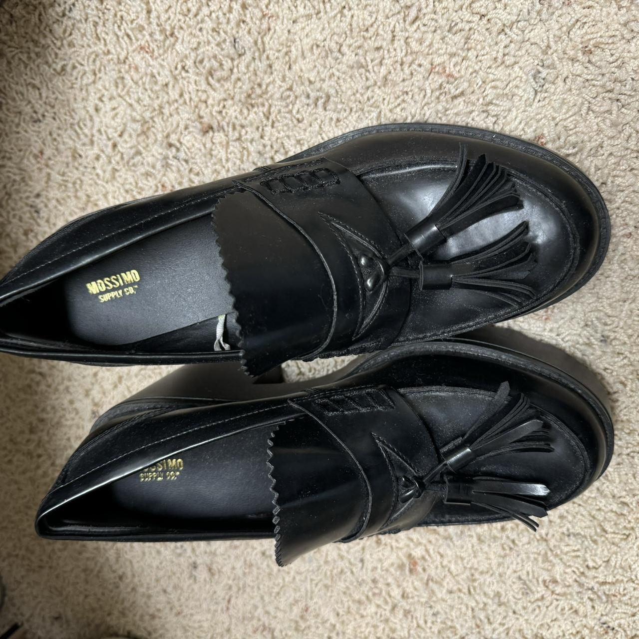 Black leather platform chunky loafers with tassels... Depop
