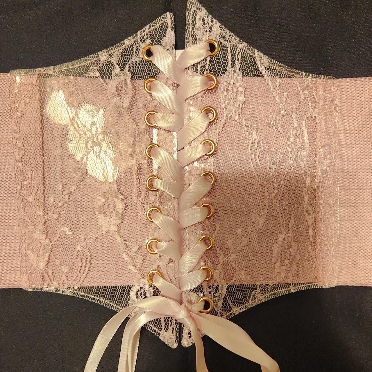 pink lace tied corset belt size large v stretchy... - Depop