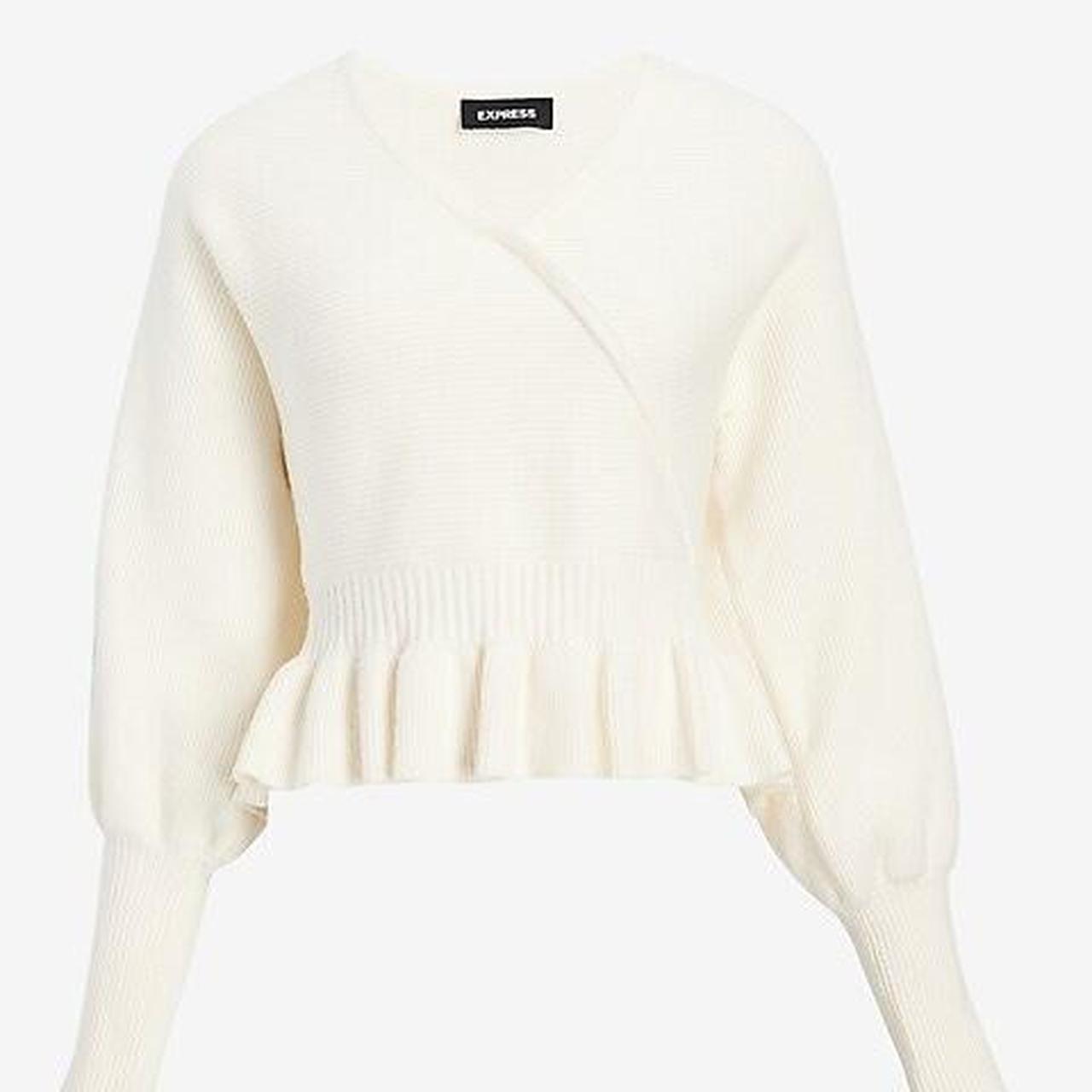 EXPRESS Ribbed V-Neck Wrap Peplum Sweater (SWAN)