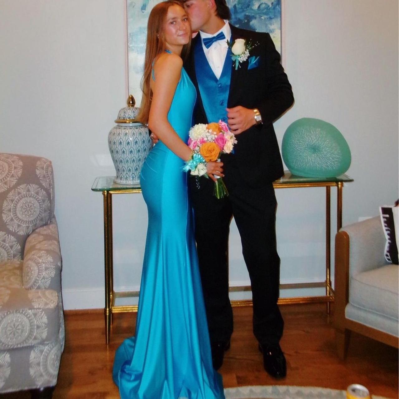 Gorgeous halter teal NickiB prom dress size... - Depop