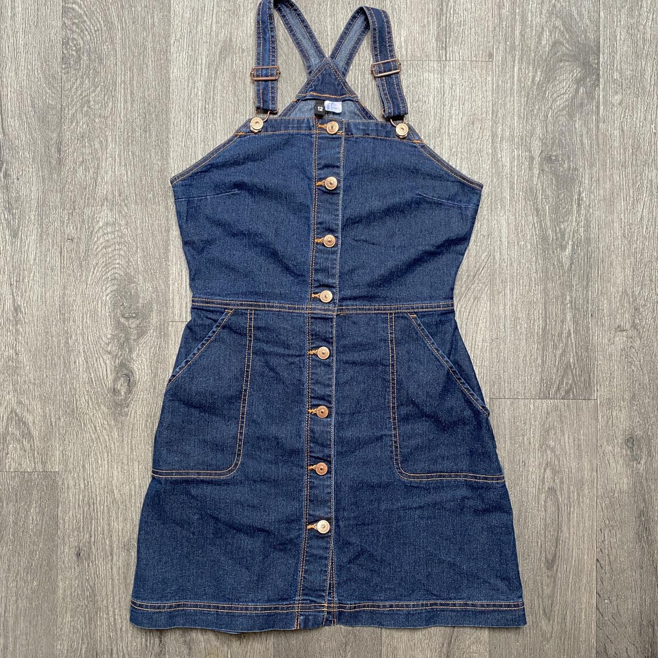 H M Blue Denim Button Up Pinafore Dress with. Depop