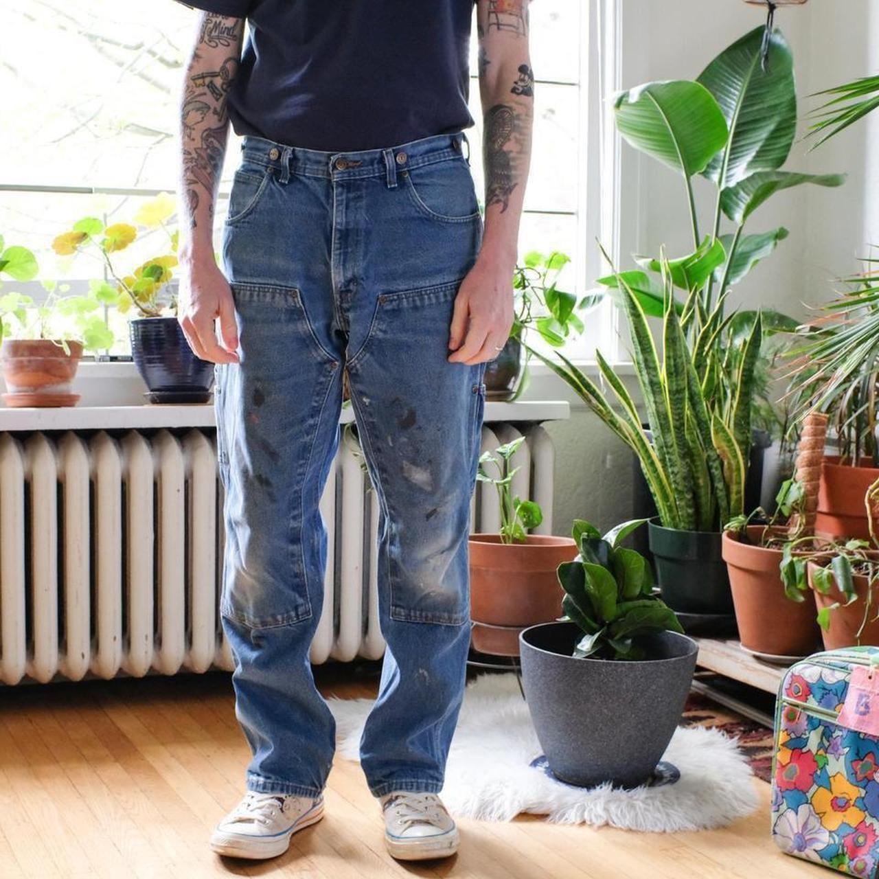 Blue Denim Work Pants VTG Trashed Blue Jeans, Y2K... Depop