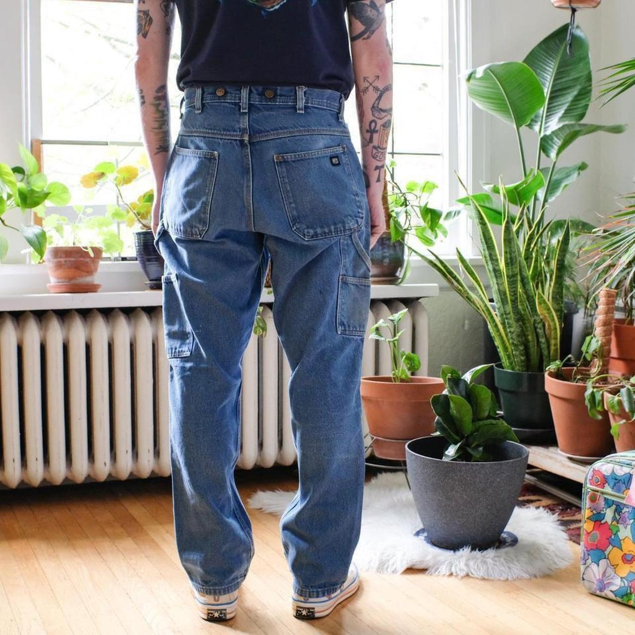 Blue Denim Work Pants VTG Trashed Blue Jeans, Y2K... Depop