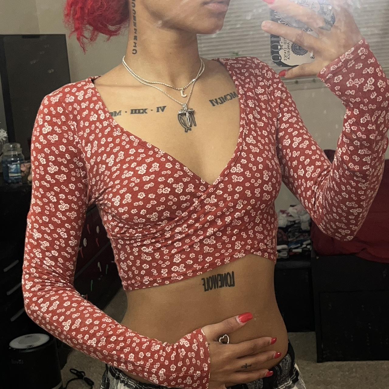 Burgundy Floral Long Sleeve Top🫶🏽. Size Small, worn... - Depop