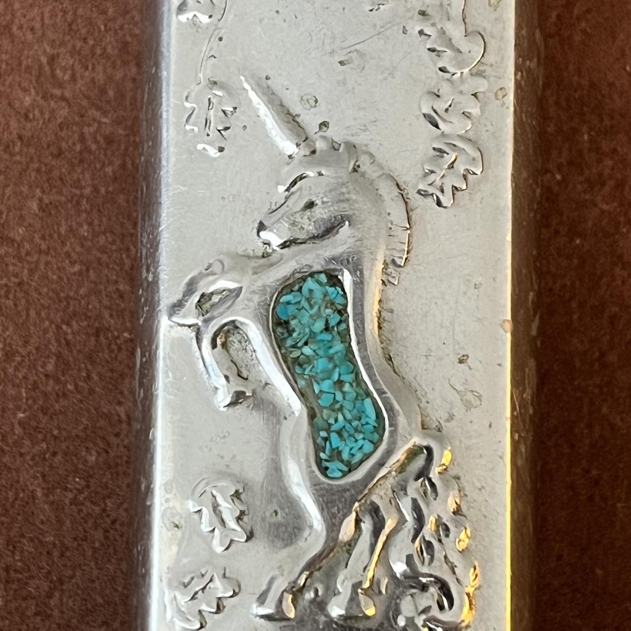 Vintage Metal Turquoise Mosaic Inlay Running Unicorn... | Depop