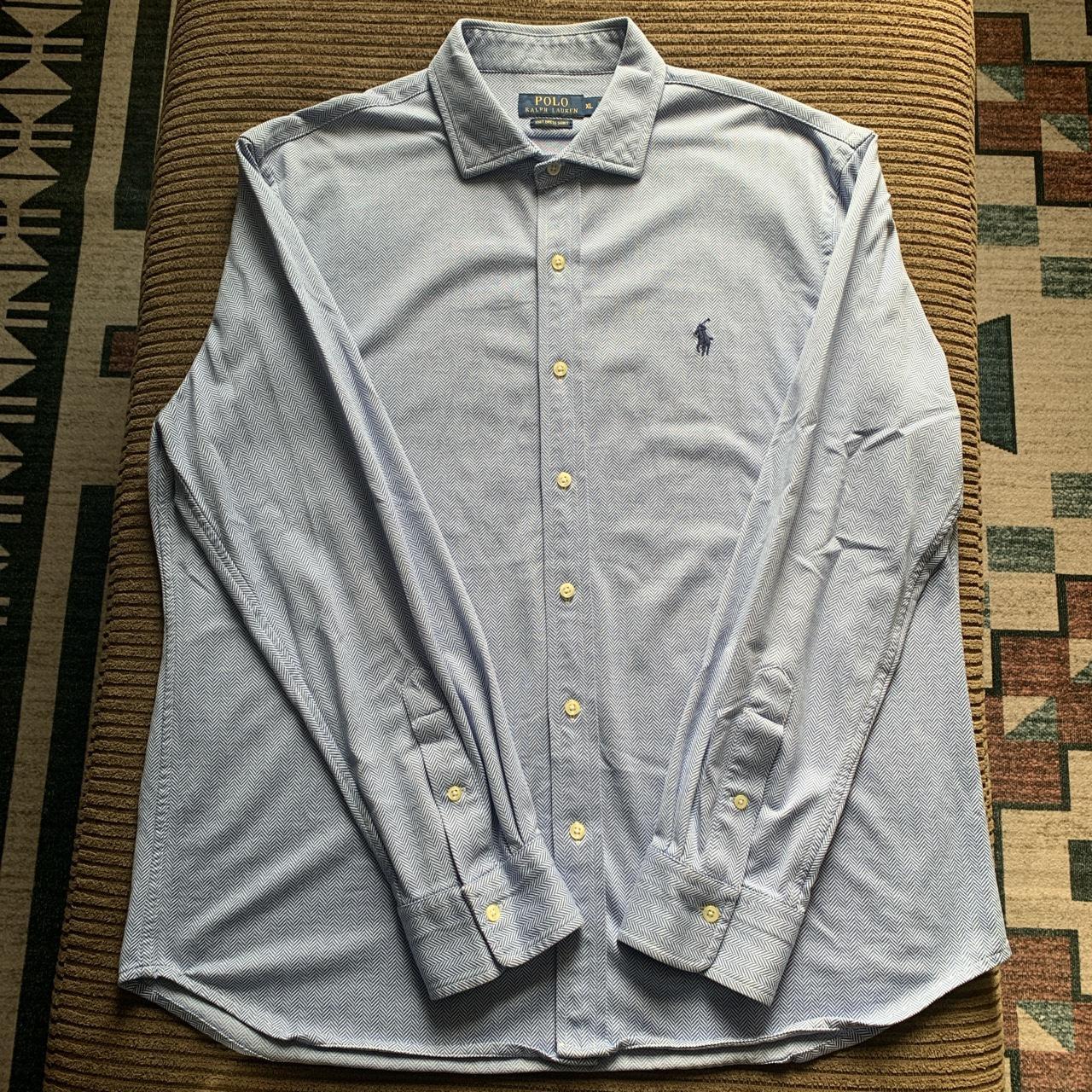 POLO RALPH LAUREN MENS KNIT DRESS SHIRT BLUE STRIPED LONG